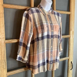 Liverpool LA Woman's Pink Gray Plaid Shirt Sz M 20x24 Linen Look Frayed Cuffs - Picture 1 of 9