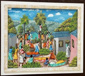 Original Art Painting Tropical Village Market Scene by R Alaby Folk Art Haiti - Picture 1 of 8