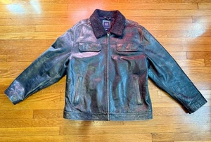 VTG Y2K Gap Jacket Brown Distressed Leather Trucker Sherpa Collar Size XXL - Picture 1 of 22