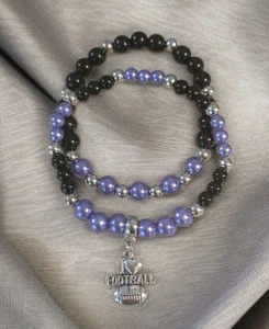 Beaded Bracelets With Football Charm Purple And Black Colors Ravens 7" - Picture 1 of 7
