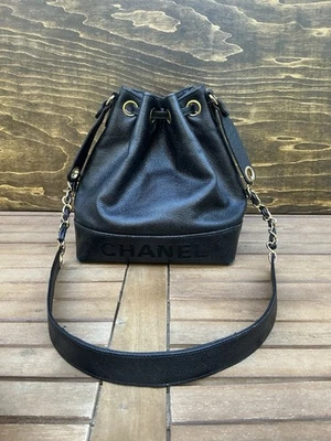 CHANEL Drawstring Chain Bucket Bag Black Caviar Leather Vintage Crossbody - Image 1 of 4