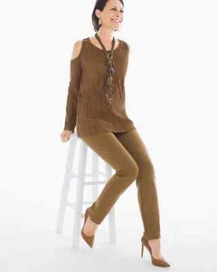 CHICO'S Pleated Faux Suede Cold Shoulder Top Brown Ladies Size 1 SMALL - Picture 1 of 12
