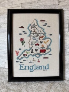 Cross Stitch Island of England Framed Artwork Handmade Pre Owned Black Frame - Picture 1 of 5