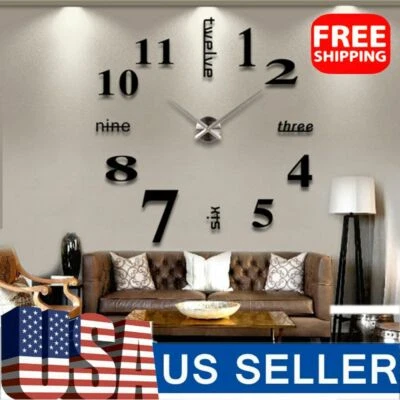 LAVA DIY 3D Large Wall Clock Mirror Surface Sticker Home Office Room Modern Decor Set