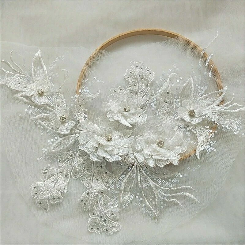 Embroidery Lace Applique 3D Sequin Patch DIY Wedding Dress Sewing Trimming Craft - Image 1 of 4