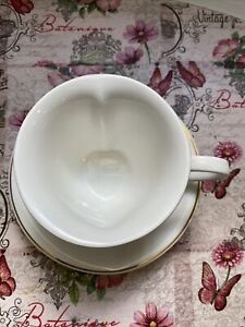 2 PC SET Inside Out White Heart shaped TEA CUP and SAUCER gold trim New