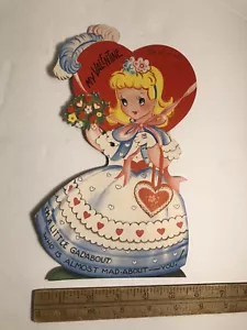 Large Vintage Valentine, Mechanical, Girl Holding Bouquet (moves). 1940s - Picture 1 of 3