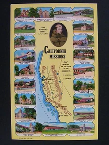 California Spanish Missions Map Vintage Curt Teich Color Chrome Postcard 1955 - Picture 1 of 2