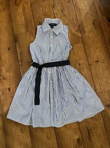Ralph Lauren Polo Girls Bengal Dress 7 Years Belted Striped Blue Collar - Picture 1 of 8