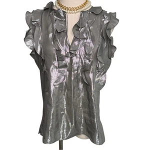 Vintage 90s/Y2K Lauren Ralph Lauren metallic silk ruffle blouse silver size 10 - Picture 1 of 7