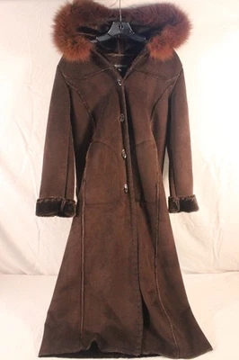 1 Madison Womens Long Brown Faux Suede Coat W/ Faux Fur Trim Hood Size S Made In - Image 1 of 4