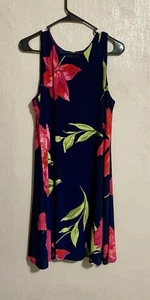 Anne Klein Women Floral Knees Dress Blue Red Sleeveless Size 14 - Picture 1 of 15