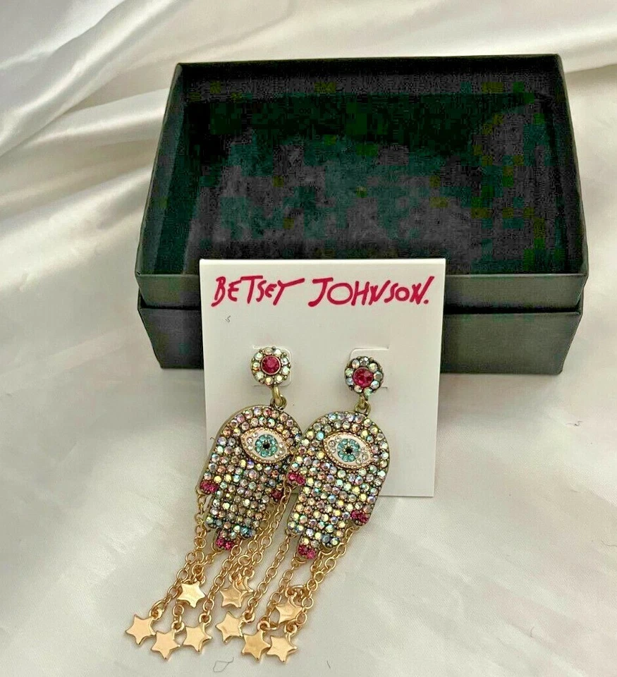 Authentic Betsey Johnson Mystic Hamsa Evil Eye Crystal Pave Dangle Earrings