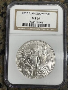 2007-P JAMESTOWN SILVER DOLLAR  NGC MS69 - Picture 1 of 2