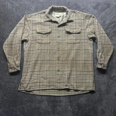 Vintage Eddie Bauer Shirt Mens Large Beige Plaid Button Up Wool Heavy Workwear - Image 1 of 4