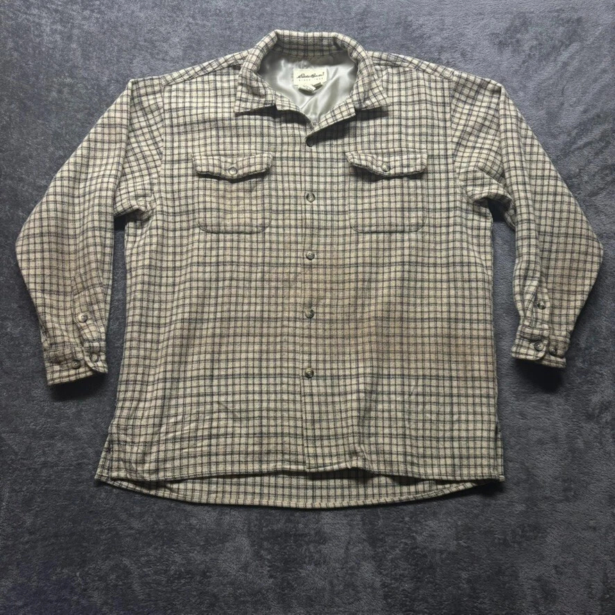 Vintage Eddie Bauer Shirt Mens Large Beige Plaid Button Up Wool Heavy Workwear - Image 1 of 4