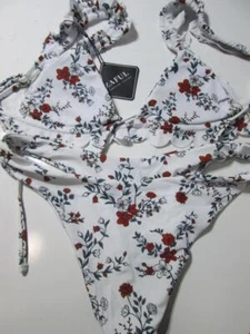 NWT Zaful Womens Size 6 Bikini White Triangle Lined Ruffle Floral Halter Cheeky - Picture 1 of 6