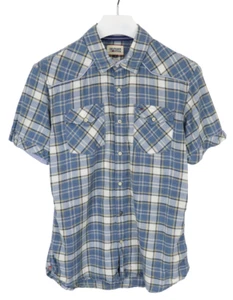 TOMMY HILFIGER Denim Shirt Men's MEDIUM Plaid Check Short Sleeve Chest Pockets - Picture 1 of 8