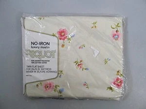 Vintage Pequot Twin Flat Sheet Floral Flower Pattern Cottage Ivory Muslin NOS - Picture 1 of 3