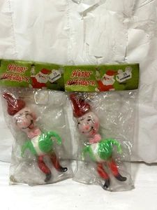 2 Vtg MCM Flocked Pink Green Man Jester Christmas Ornament 1960's Hong Kong NOS - Picture 1 of 8