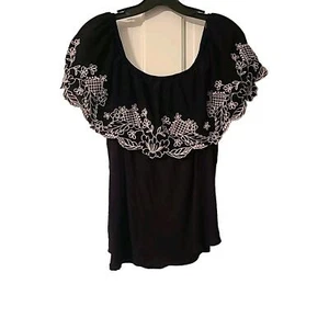 DAYTRIP Black Embroidered Off-Shoulder Ruffle Trim Top L | Boho Cottagecore Y2K - Picture 1 of 5