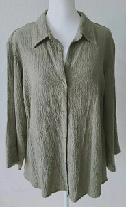 ALC Stretch Women Shirt Sz Large Green Wrinkle Long Sleeve Collar Button Down - Picture 1 of 11