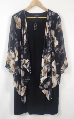 R&K Size 16 Black Tank Dress With Attached Tan/White Floral Sheer Cardigan - Image 1 of 4
