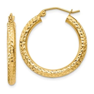 Real 14K Yellow Gold Diamond-cut 3mm Round Hoop Earrings; Women & Men - Picture 1 of 6