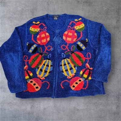 Cárdigan Suéter Grande Vintage Ojo de Águila Azul Real Adorno de Navidad Cremallera Foto 1 de 4