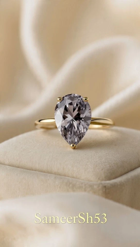 Anillo de diamantes grises talla pera cultivada de laboratorio de 4 quilates diseño de oro amarillo de 14 k por Sameersh53 Foto 1 de 4