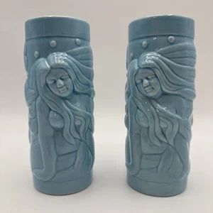 Mermaid & Dolphin 3D Tiki Mugs 2 Light Blue Ceramic Beach Ocean Decor EUC - Picture 1 of 6