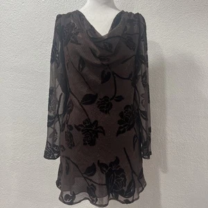 Vtg LIZ CLAIBORNE brown floral Velvet Burnout Sheer long sleeve   dress Size 8 - Picture 1 of 15