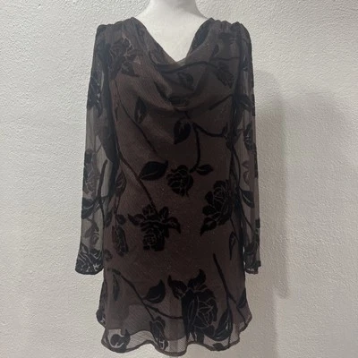 Vestido De Colección LIZ CLAIBORNE Marrón Floral Terciopelo Burnout Transparente Manga Larga Talla 8 Foto 1 de 4