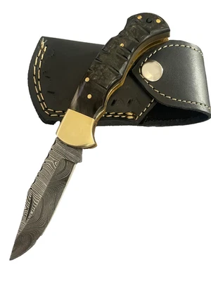 FOLDING KNIFE SALE Damascus EDC Knife Ram horn Folder w/ sheath & FREE GIFT - Image 1 of 4