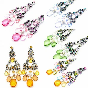 DESIGNER INSPIRED PINK GREEN BLUE GOLD CHANDELIER CRYSTAL ACRYLIC EARRINGS - Picture 1 of 7