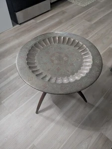 Vintage Brass Engraved Table with Folding Wooden Legs - Picture 1 of 6