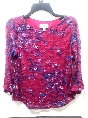 Blusa ELLE marrom/marinha sobreposição de renda manga comprida elástica tamanho P - Imagem 1 de 4