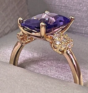 14K Rolled ROSE GOLD Cocktail Ring w Emerald Cut AMETHYST & DIAMONDS Sz 6.75 NEW - Picture 1 of 9