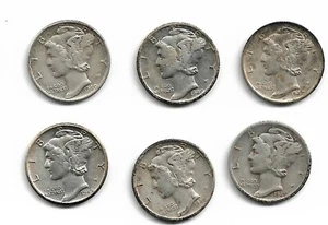 Lot of 6 Mercury Dimes : 1940 1940-D 1940-S 1945 1945-D 1945-S - Picture 1 of 2