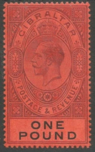 GIBRALTAR SG85 el 1912-24 GV £1 púrpura opaco y negro/rojo recién montado como nuevo - Imagen 1 de 2