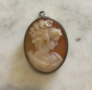 Italian Carved Shell Cameo Pretty Women 800 Silver Pendant Pin Brooch Vintage - Picture 1 of 8