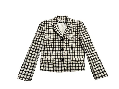 Vintage Ann Taylor Houndstooth Tweed Wool Blend Blazer Jacket Black White 12 - Image 1 of 4