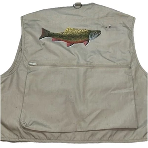 WOODFIELD Upland Utility TAN VEST Men L Multi Pockets Fly-Fish HAND PAINTED FISH - Picture 1 of 18