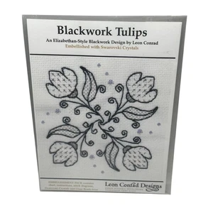 Blackwork Tulips Leon Conrad Needlework Kit Elizabethan Style w Crystals - Picture 1 of 3