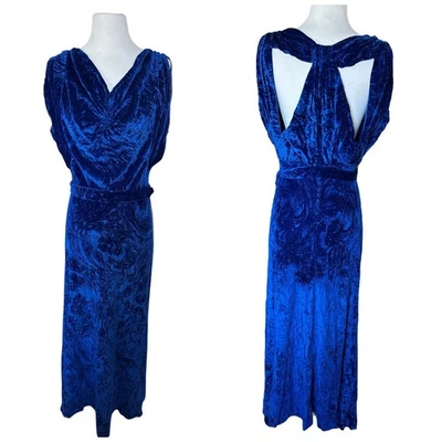 30/40’s The Halle Bros. Co. Midnight Swirls Blue Velvet Silk Gown Shimmery 32” M - Image 1 of 4