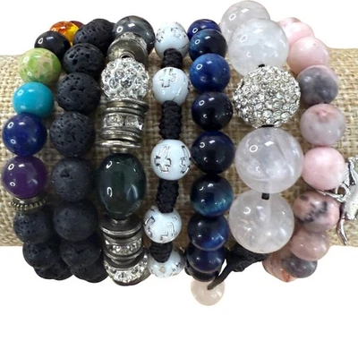 Stack Set Of 7 Beaded Adjustable Bracelets With Lava Rock Gemstone & Crystal Bea - Image 1 of 4