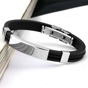 Mens Womens New Stainless Steel Rubber Wristband Bangle Clasp Cuff Bracelet
