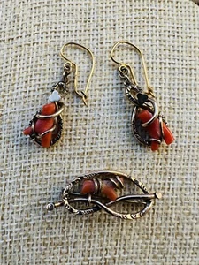 Antique Victorian Dangle Earrings & Brooch Yellow GF Infinity Twist Design Coral - Picture 1 of 15