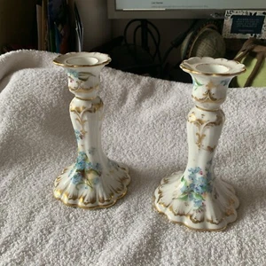 Redon Limoges Hand Painted Dresden Floral & Gold Relief Molded Candlesticks - Picture 1 of 11