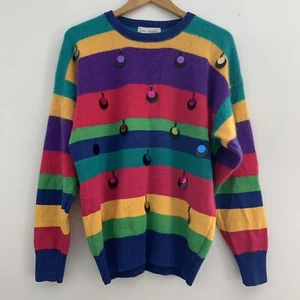 Vintage 80s Rainbow Stripe Angora Blend Kitsch Sweater Women's Large Lisa Ashley - Picture 1 of 10